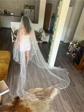 Long Cathedral Wedding Veil with Solid Edge - White